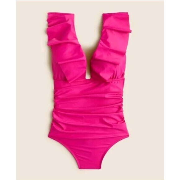 J.Crew Ruched Ruffle One Piece Swimsuit Fuchsia Pink Beach BP222 Size 10 NWT - Picture 1 of 9